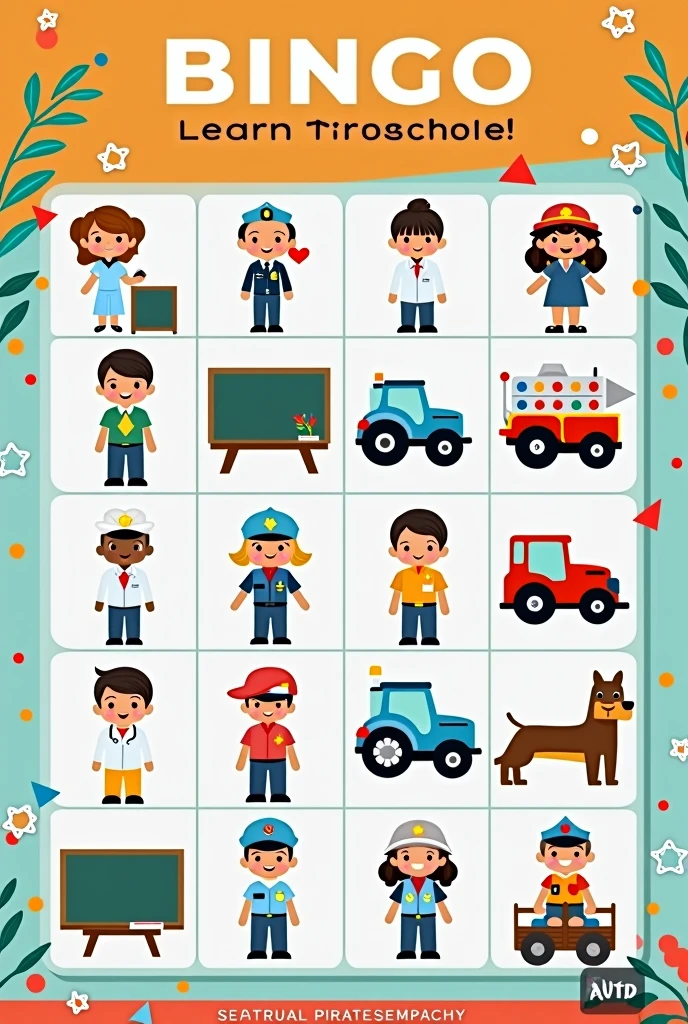 I want you to make a Bingo for preschool children in English with this theme: Jobs and
professions:
teacher, Doctor,
veterinarian, pilot,
Police officer,
farmer, mechanic,
nurse.
Make them random and also give me each of these flashcards of each of these professions