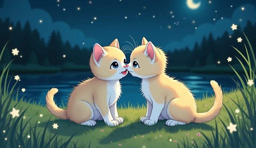 Draw (with the manga line) two kittens in a green field, 
featuring a pond, at night in a medium shot. one of the kittens licks the other&#39;s snout (as if it were a little kiss)