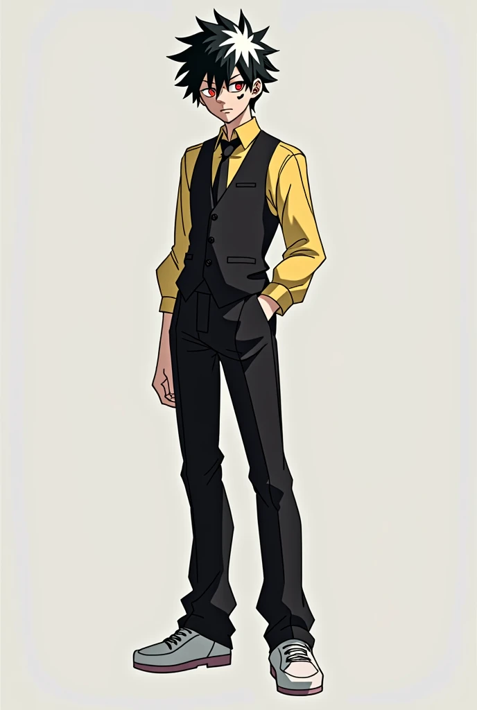 Create a pubescent Boku no hero academia style male character, tall and with a serene expression, with black sclera, red iris and black pupil, black hair with white streaks and an X-shaped scar on his cheek, with a black vest with black pants and white shoes, with a yellow shirt and a small tie