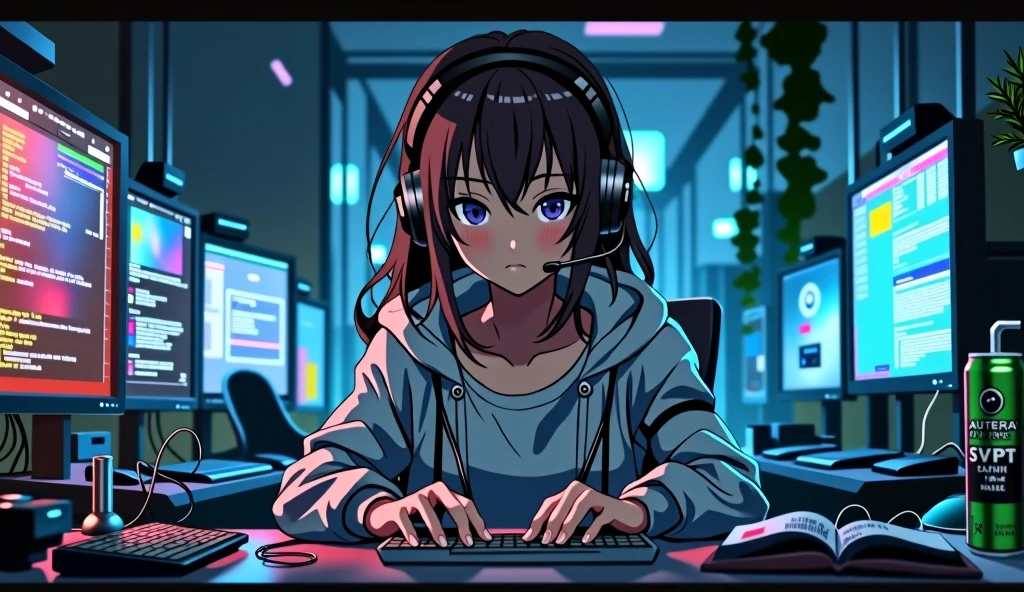 ((Masterpiece)), (((Best Quality)))), ((Illustration)), (Depth of Field: 1.2),Serious and mysterious Komi San themed anime gamer girl,Hacker Beautiful medium skin colored Girl, Indoors, Room, Dim Room,futuristic, Computer Room, not so cute with headphones and brown hair, with a microphone, Computer Equipment, Ethical Hacker, Server Room Background, monitors, (LED monitors, surrounded by multiple display monitors: 1.5), gaming chair, hair highlights, , light cyber clothes, energy drinks, cables, messy room, front, bottom, talking at camera, staring directly into the camara, She is front facing to the camera,center of  room, facing the camera