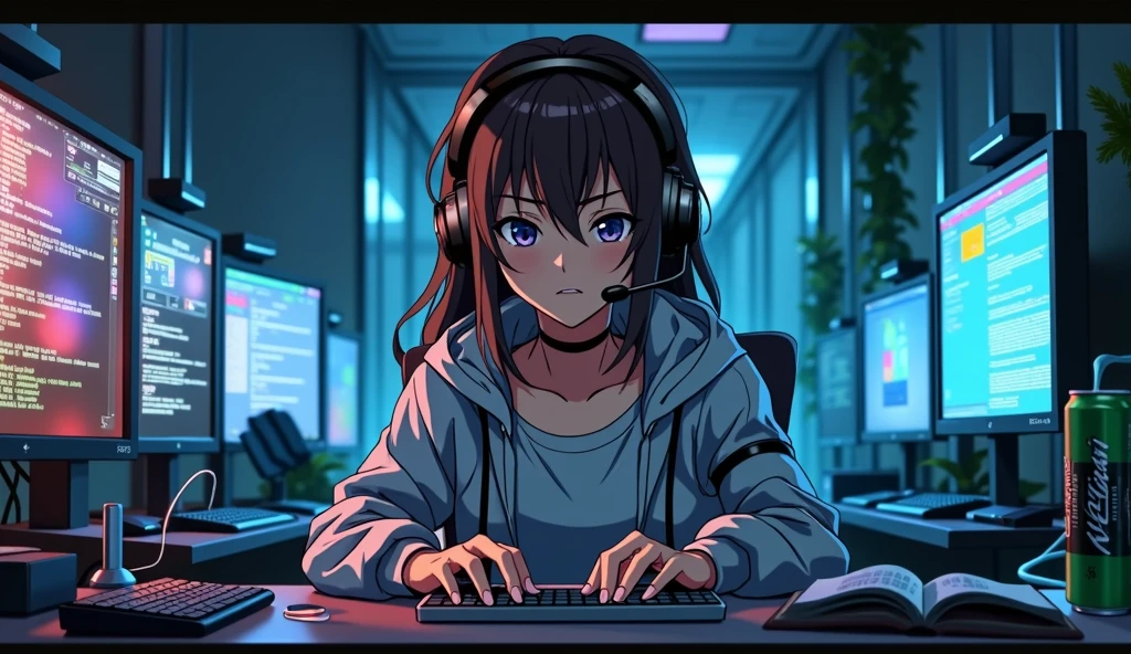 ((Masterpiece)), (((Best Quality)))), ((Illustration)), (Depth of Field: 1.2),Serious and mysterious Komi San themed anime gamer girl,Hacker Beautiful medium skin colored Girl, Indoors, Room, Dim Room,futuristic, Computer Room, not so cute with headphones and brown hair, with a microphone, Computer Equipment, Ethical Hacker, Server Room Background, monitors, (LED monitors, surrounded by multiple display monitors: 1.5), gaming chair, hair highlights, , light cyber clothes, energy drinks, cables, messy room, front, bottom, talking at camera, staring directly into the camara, She is front facing to the camera,center of  room, facing the camera