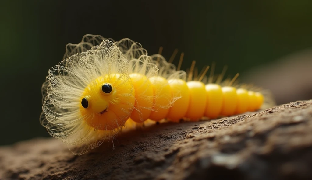 the tiny yellow worm weaving a delicate, silky cocoon around his body, his movements guided by instinct."