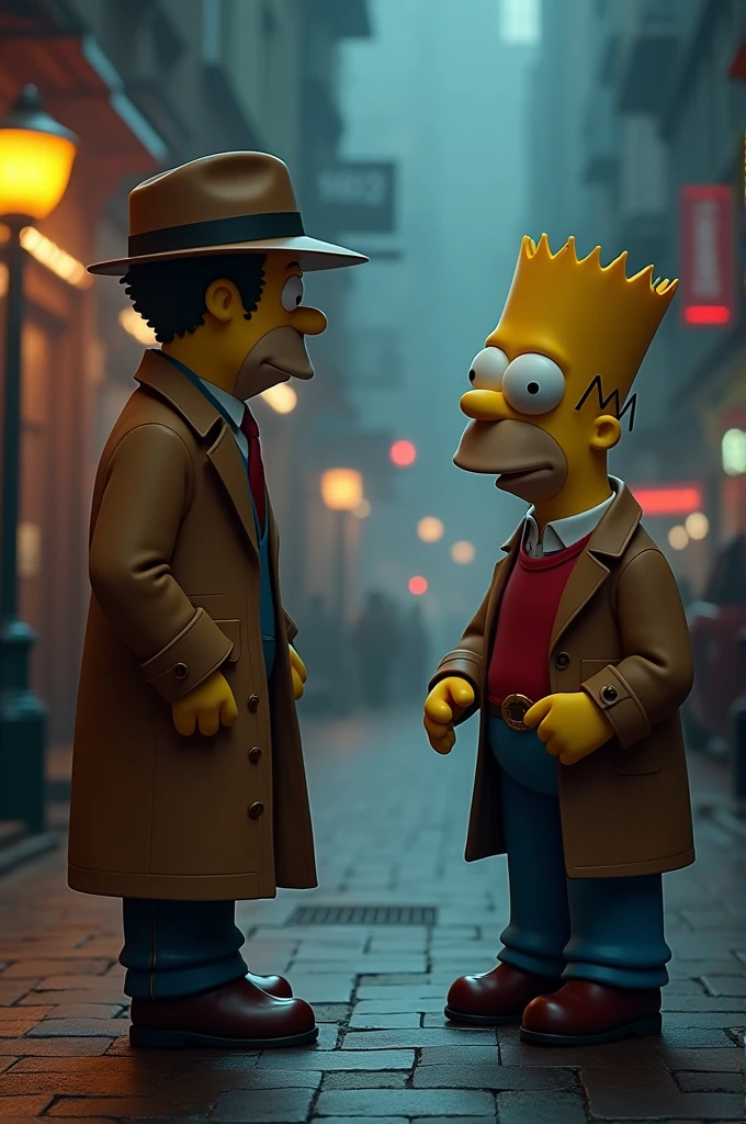 Create an image of your Madruga dressed as a detective talking to a Simpsons character 