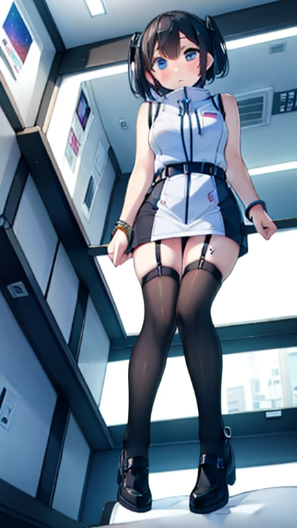 (Highest quality), (masterpiece), 1080P, High resolution, 4K, 8k, Inside the space station、Futuristic room、Thigh straps, Shooting from directly below, The woman on top of me, 白いSweat, Covered , Sweat, Woman looking down, Skirt swimsuit, Thigh-high socks, To achieve this, , , whole body, Black leather shoes, Braided hair, Inner Color, Embarrassed face, Short black hair, bracelet, Bedroom,celestial body_Vest
