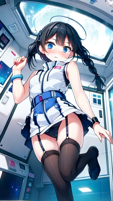 (Highest quality), (masterpiece), 1080P, High resolution, 4K, 8k, Inside the space station、Futuristic room、Thigh straps, Shooting from directly below, The woman on top of me, 白いSweat, Covered , Sweat, Woman looking down, Skirt swimsuit, Thigh-high socks, To achieve this, , , whole body, Black leather shoes, Braided hair, Inner Color, Embarrassed face, Short black hair, bracelet, Bedroom,celestial body_Vest
