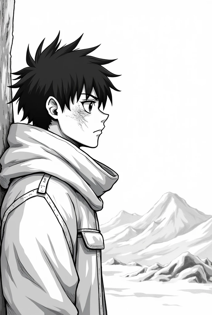 a black and white icon drawing of an anime guy wearing a scarf in a snowy place, sleeve-style, with a zoom on his face showing from the shoulders up, with some wounds and exhausted, his body is on the left of the image and his gaze is to the right