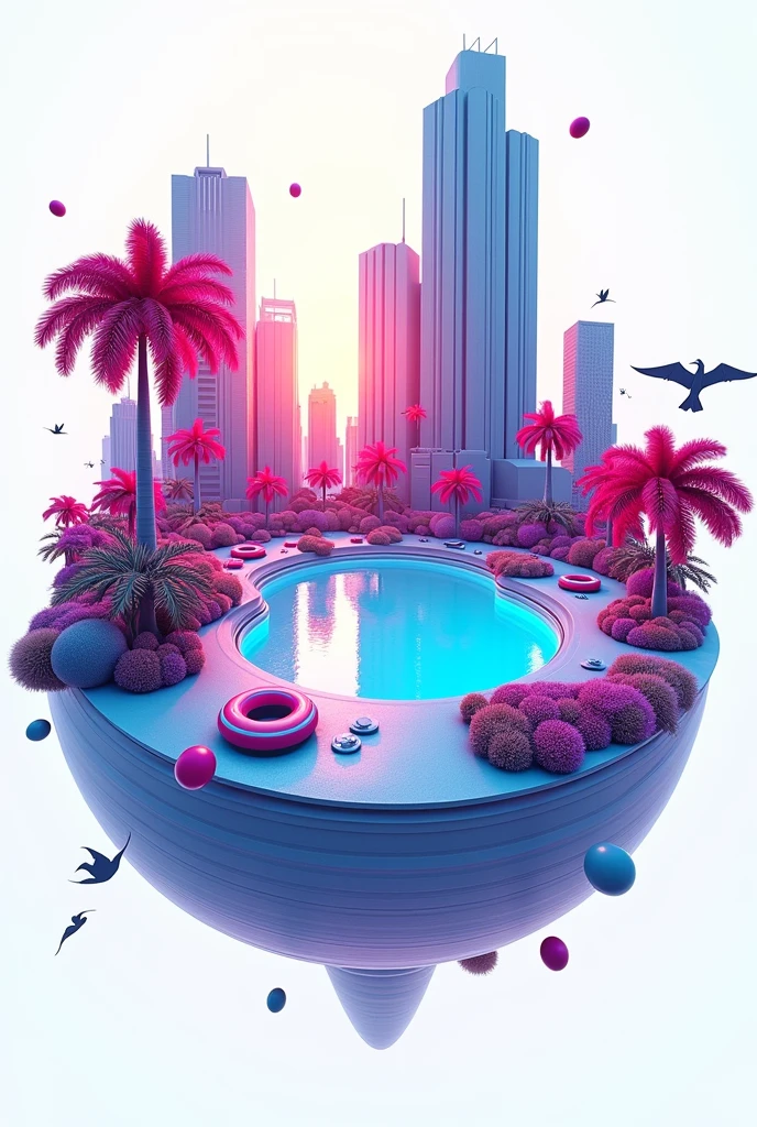 a 360 fisheye globe effect with nyc buildings synths palm trees
pool birds and pool rings sticking out 3d plastic shading all bright colors neon blue purple red keyshot render on white background