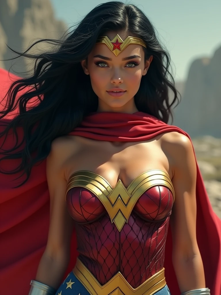A MUSCULAR TEEN FEMALE, WITH LONG BLACK HAIR, BLUE EYES, WITH A SEXY BODY, WEARING A 1960 LYNDA CARTER WONDER WOMAN COSTUME AND RED CAPE. ABSURD 8K RESOLUTION, INCREDIBLY DETAILED SKIN AND EYES,