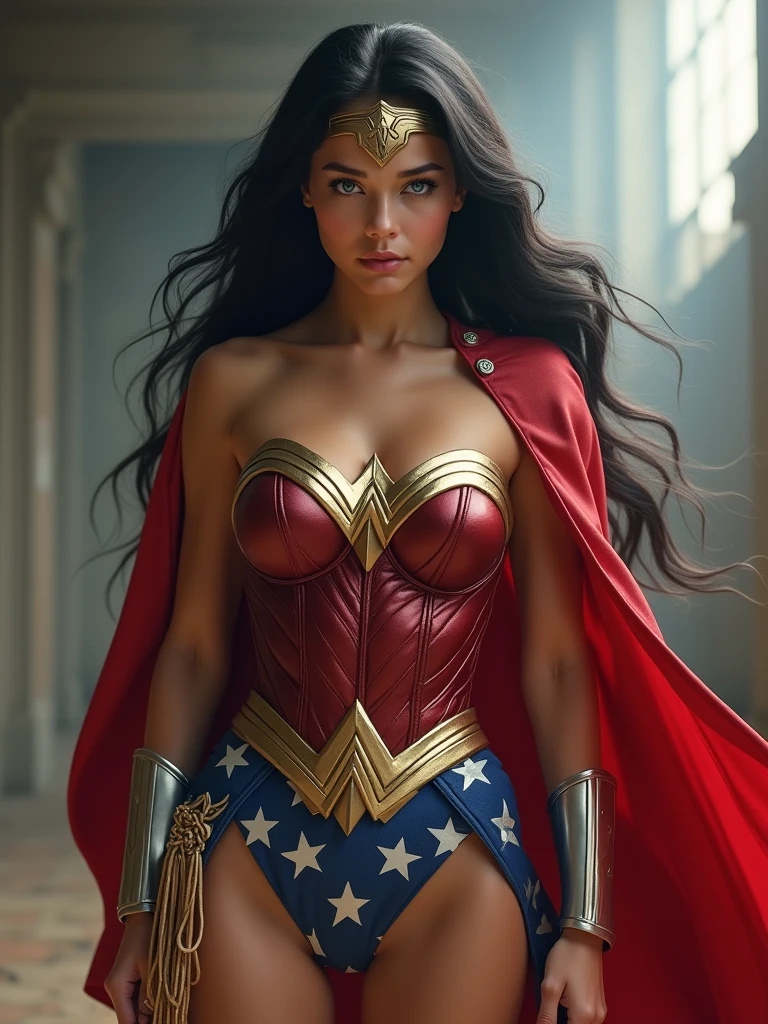 A MUSCULAR TEEN FEMALE, WITH LONG BLACK HAIR, BLUE EYES, WITH A SEXY BODY, WEARING A 1960 LYNDA CARTER WONDER WOMAN COSTUME AND RED CAPE. ABSURD 8K RESOLUTION, INCREDIBLY DETAILED SKIN AND EYES,