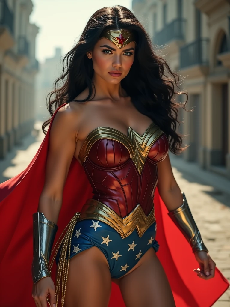 A MUSCULAR FEMALE, WITH LONG BLACK HAIR, BLUE EYES, WITH A SEXY BODY, WEARING A 1960 LYNDA CARTER WONDER WOMAN COSTUME AND RED CAPE. ABSURD 8K RESOLUTION, INCREDIBLY DETAILED SKIN AND EYES,