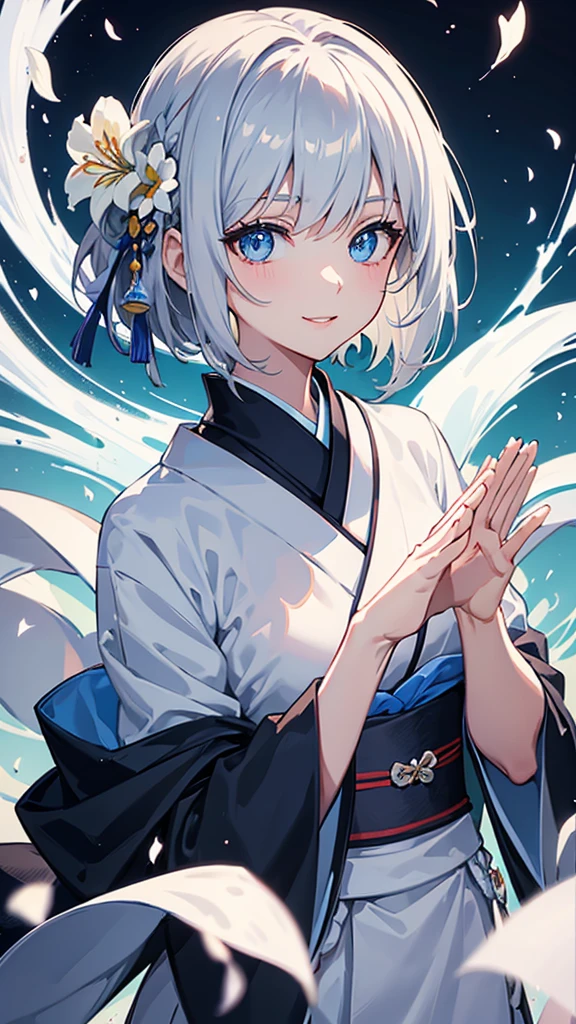 Anime character, half body only, upper body only, half body portrait, posing like a model, good looking, beautiful, full of details, aesthetic, hd, masterpiece art, amazing work. Solo, young lady, short hair, flower accessories, bluish gray colored hair, Lady, blue eyes, smile, elegant look, elegant carrying, white Japanese kimono, blue decoration, Lily flower theme, eyes facing camera, hands outstretched forward, hands asking for a hand , simple background.