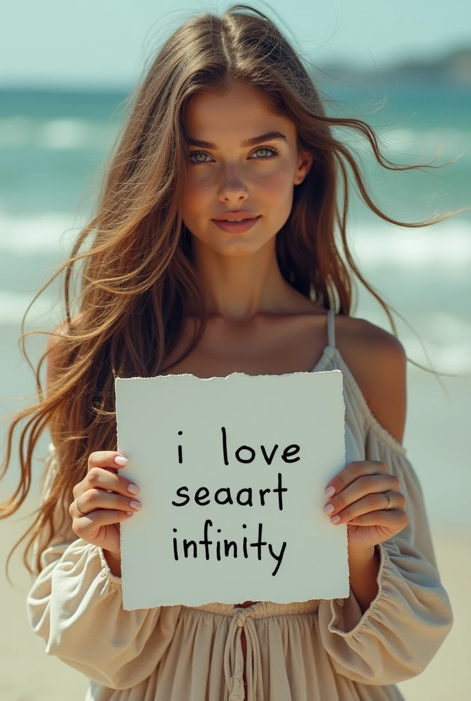Beautiful girl with wavy long hair, bohemian dress, holding a white board with text "I Love Seaart Infinity" and showing it to the viewer