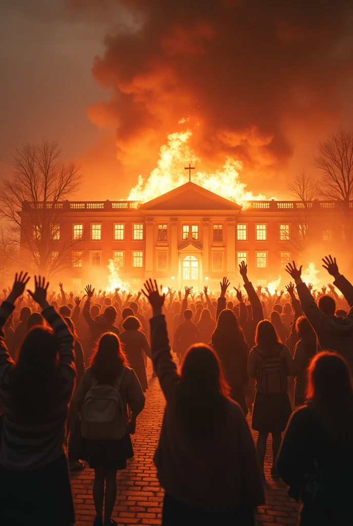 A school catches fire and then explodes and the students are happy