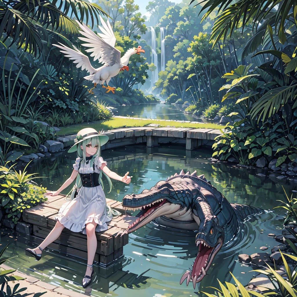 2d drawing of two alligators, eating white chicken, and making a thumbs up sign, smiling, and chicken feathers around, not too many feathers, each alligator must be eating a chicken, the alligators must be light green, their names must be Batite and Paulo Renato respectively, the end of the image must be completely white, just the alligators and the chickens