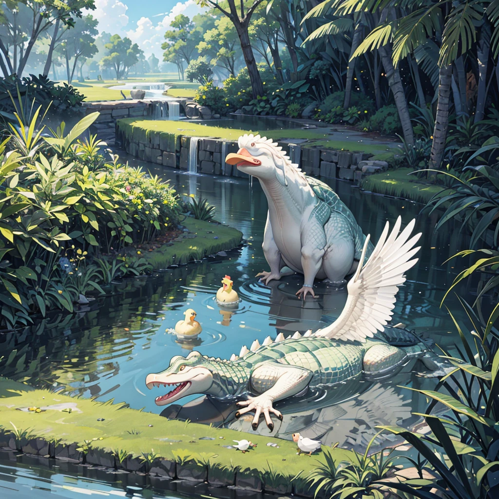 2d drawing of two alligators, eating white chicken, and making a thumbs up sign, smiling, and chicken feathers around, not too many feathers, each alligator must be eating a chicken, the alligators must be light green, their names must be Batite and Paulo Renato respectively, the end of the image must be completely white, just the alligators and the chickens