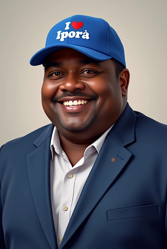 Chubby black candidate in a suit and blue cap. It says on the cap: I love Iporá