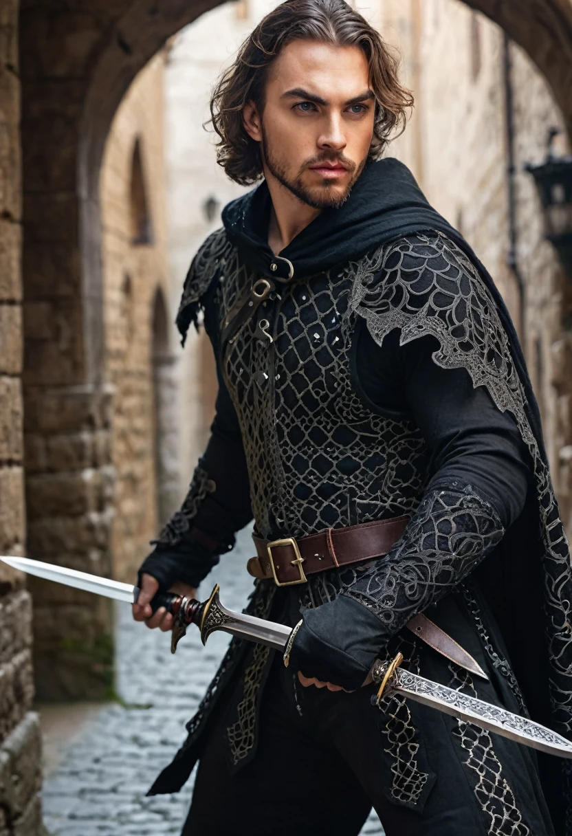 lac34rmor, wearing black lace rogue armor, see-through, ((dynamic pose)), ((fighting stance)), close up, portrait, medieval fantasy city background, holding dagger, lace cloak, street, alley, pants, realistic, masterpiece, intricate details, detailed background, depth of field, photo of a man,