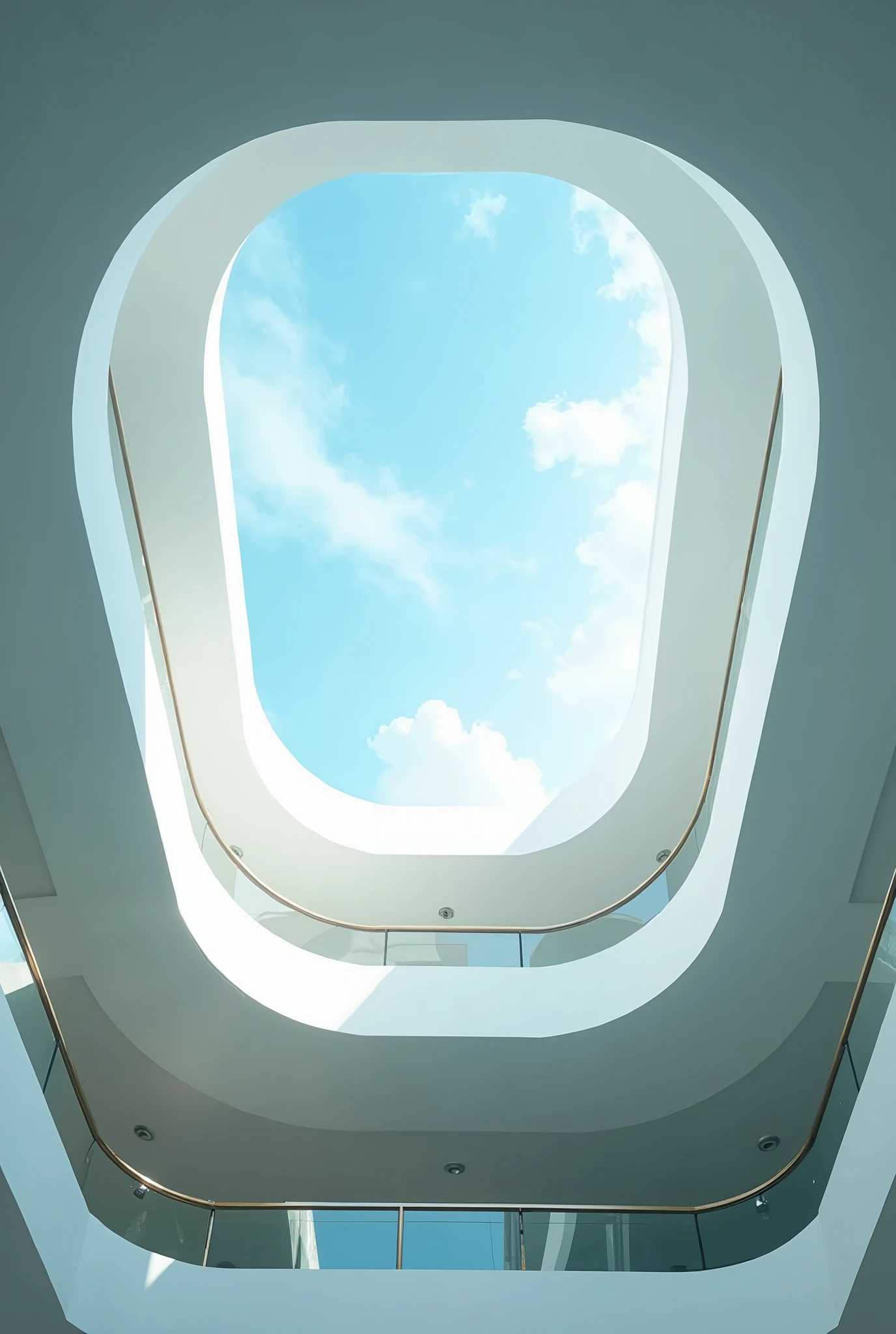 Circular polycarbonate skylight in a hospital with a quadruple height and a square shape



