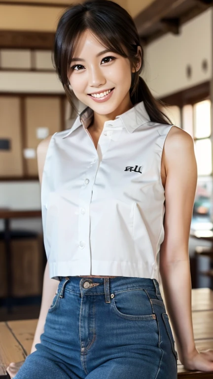 A Japanese milf, 1 girl, (slender figure:1.2), realistic detailed teeth, double eyelids, beautiful smile, full-body, jacket, white sleeveless shirt, skinny pants, (best quality,4k,8k,highres,masterpiece:1.2),ultra-detailed,(realistic,photorealistic,photo-realistic:1.37),detailed beauty, pub scene