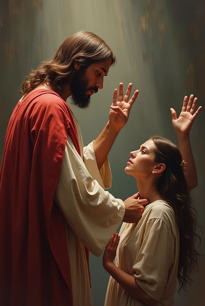 Jesus Christ and a woman, both making the sign of enough to the abuse