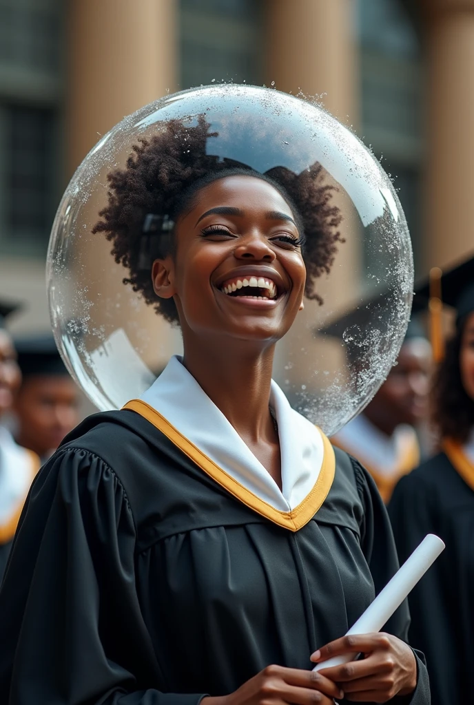 Une jeune fille noir avec des cheveux crépus peigné en chignon qui est dans sa cérémonie de sa remise de diplôme avec son torje.        Elle très contente.  Il faut montrer qu'elle avait une bulle qui la protégeait et cette bulle est en train de se briser.  Je ne veux pas d'images d'enfants car elle a 19 ans.  Il faut montrer la bulle qui se casse ,et ses failures