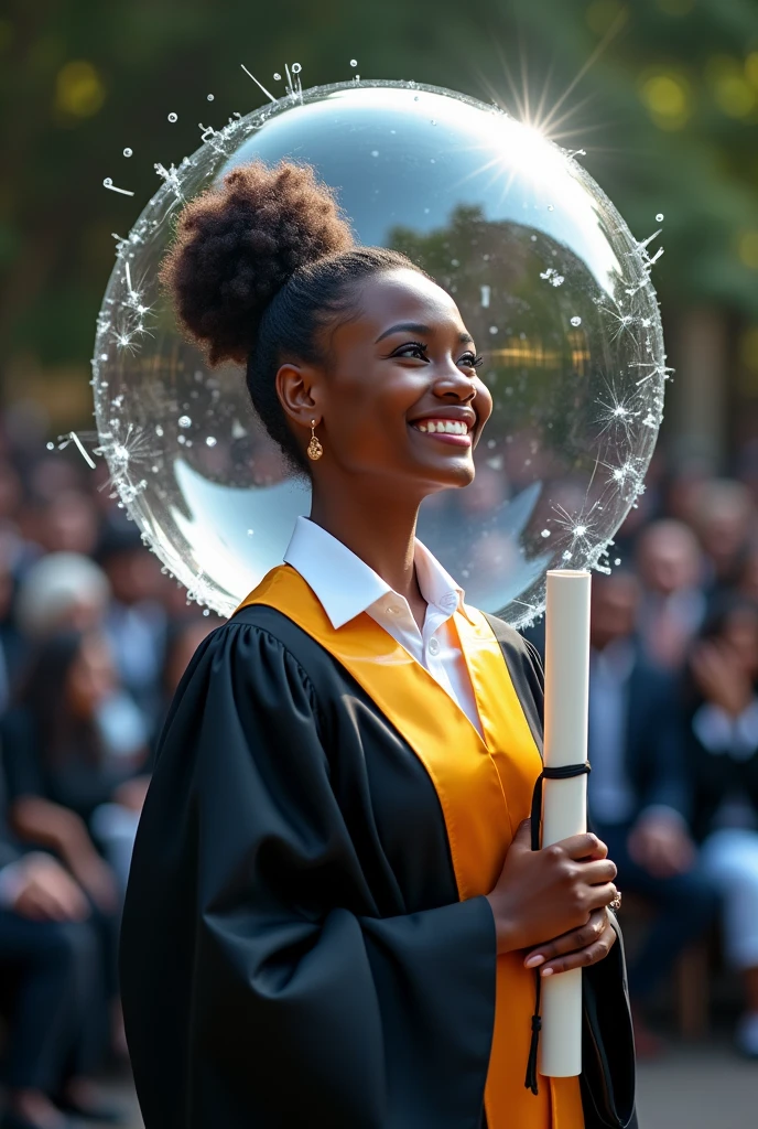Une jeune fille noir avec des cheveux crépus peigné en chignon qui est dans sa cérémonie de sa remise de diplôme avec son torje.        Elle très contente.  Il faut montrer qu'elle avait une bulle qui la protégeait et cette bulle est en train de se briser.  Je ne veux pas d'images d'enfants car elle a 19 ans.  Il faut montrer la bulle qui se casse ,et ses failures
