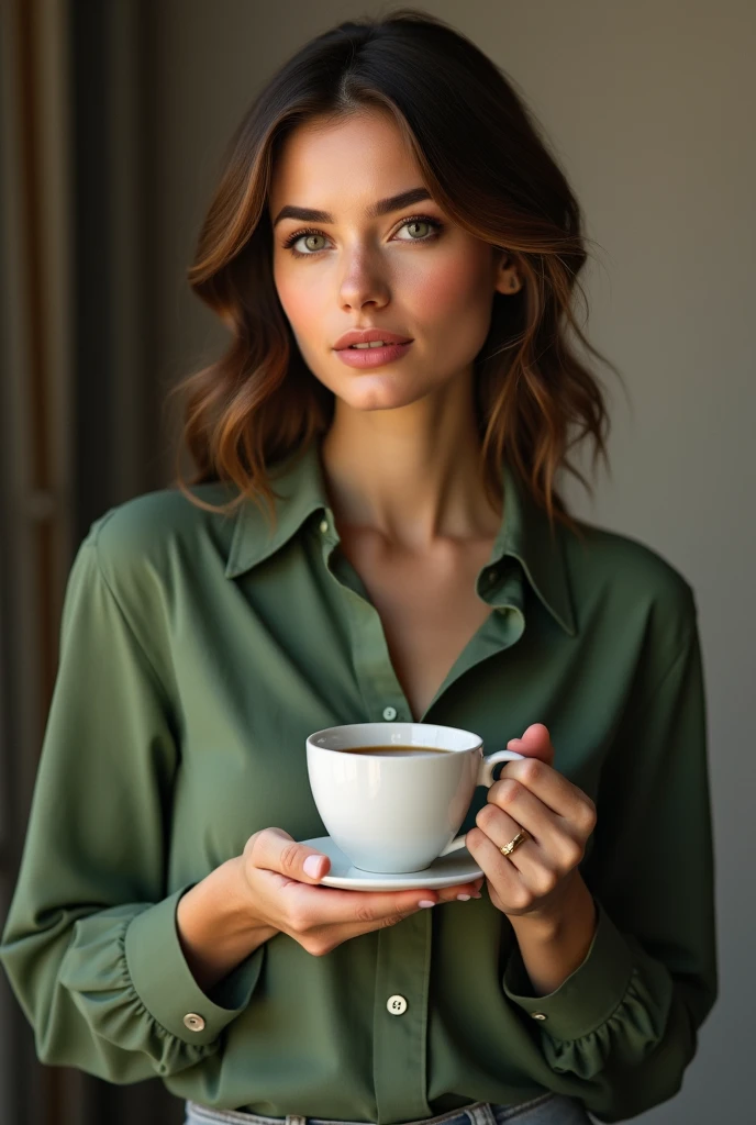 Beautiful woman holding a white coffee cup showing off,photorealistic,half standing,Wear a green shirt.