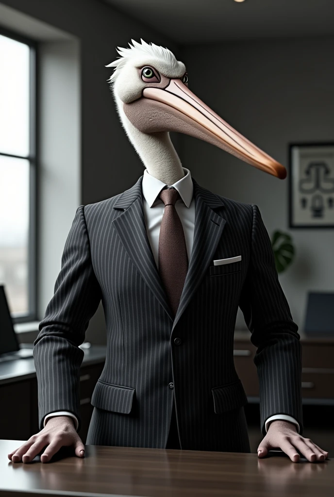 Make a pelican in a business suit