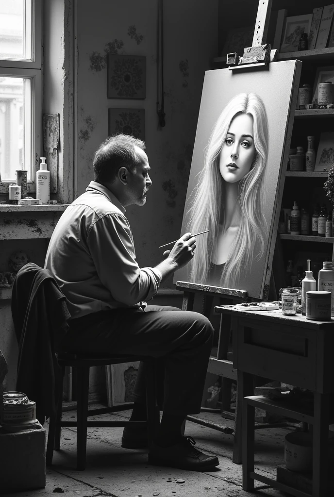 a picture of a man, who is in a small studio painting, the painting is of a woman with long hair and a pale smile, around the artist there are several paintings and painting tools. around looked messy. black and white background

