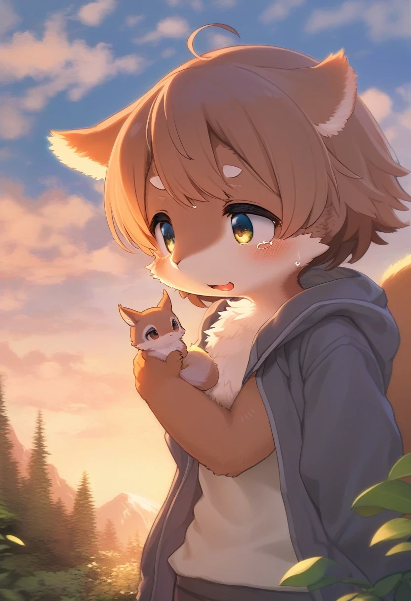 ((Masterpiece)), ((Best Quality)), (Very Detailed), ((Very Detailed)), 4K, (8K), very aesthetic, absurdres highres, 1 woman, (anthropomorphic squirrel, furry, kemono:1.5), A mountain climber puffs out his chest with a sense of accomplishment on his face in nature at sunset. Warm light enveloped his figure, tears were rolling down his cheeks, leaves were swaying in the wind, and beautiful mountains were spreading out in the distance. The climbers' clothes are covered with dirt and sweat marks, evidence of a long journey. At sunset, the sky turns orange and pink, and the clouds shine golden. A stream flows nearby, and you can hear the sound of its murmur. The background has a touch of an impressionist painting, emphasizing the warmth and emotion of the whole image.

