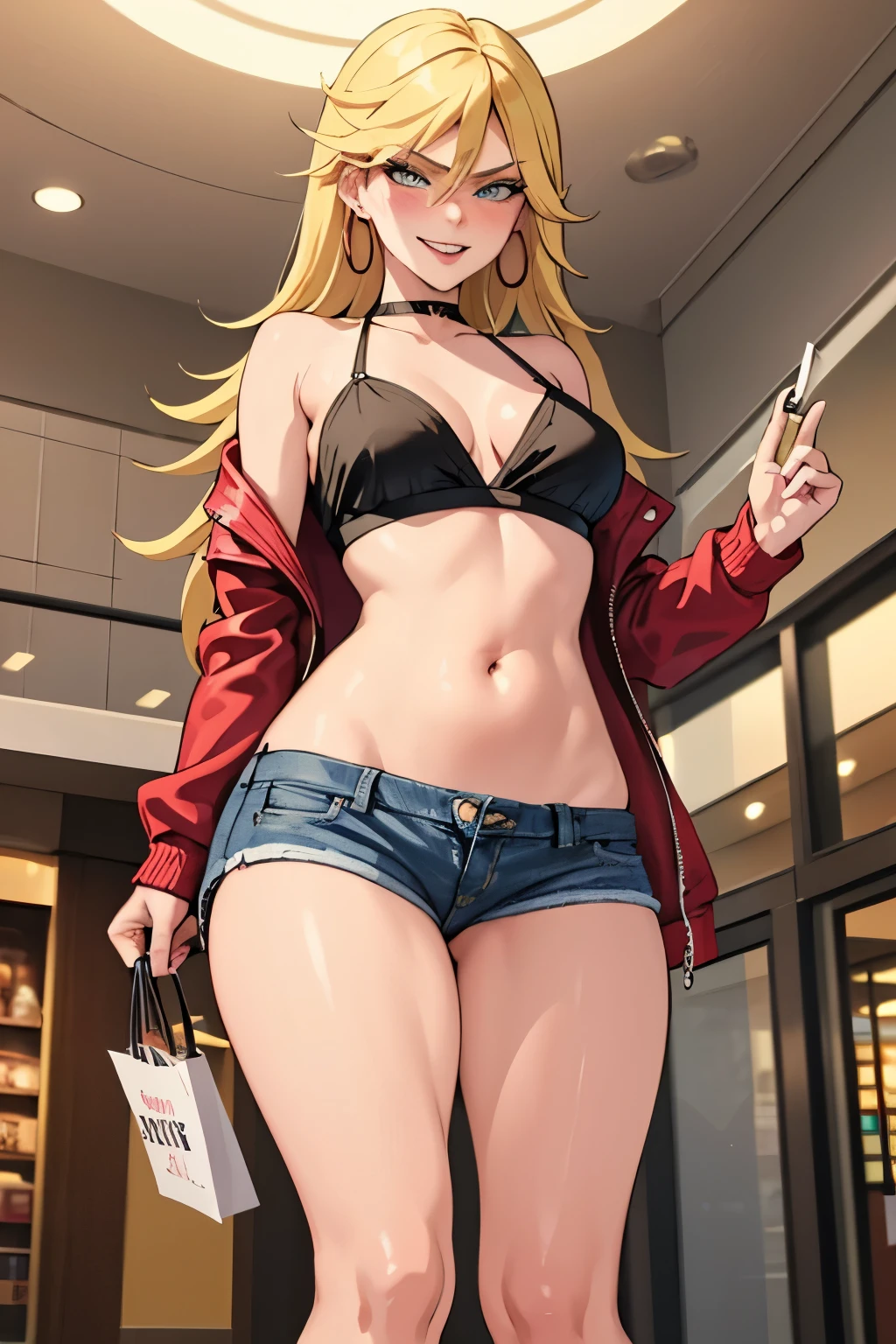 psgpanty, , hoop earrings, choker, blue eyes, blush, lipstick, long hair, Hot girl, baddie, staring, glaring, bad attitude, mean girl, crazy, smoking, mall, shopping center,indoors, smile, masterpiece,high quality,4k, bare shoulder,belly,crop top,holding pistol,cleavage,casual dress, smile, , evil expression, exposed belly, exposed navel, exposed midriff, exposed lower belly, crop top overhang, underboob,jacket, unbuttoned jeans , low rise black jeans, Low rise jeans, Low rise jeans with open fly, navel piercing