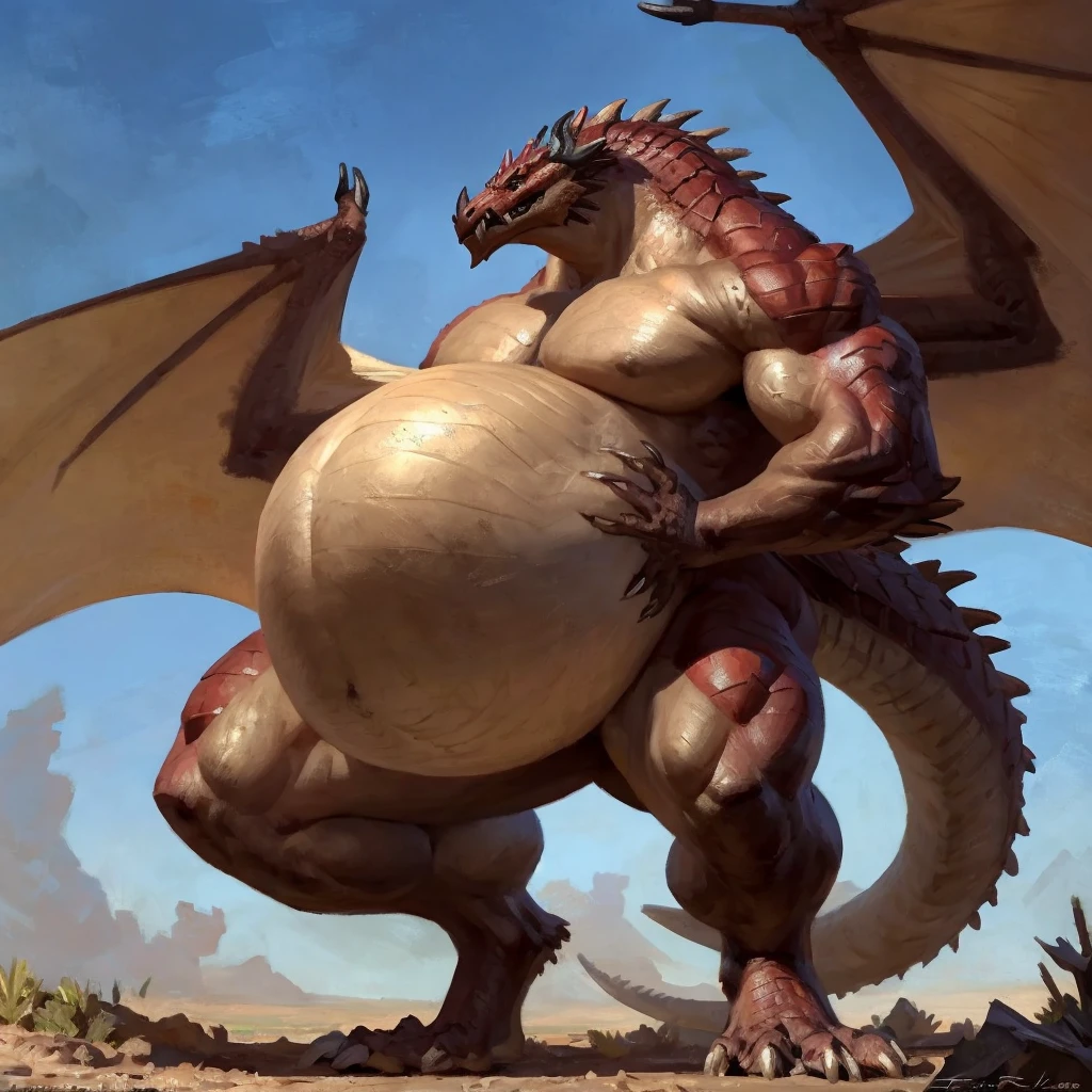 Detailed painting, by Taran Fiddler, dragoness, full body, feral, dainty, friendly, colorful, rounded snout, wings, pregnant-like belly, round belly, dominant belly, huge belly, bloated belly, big muscles, wide body, thick body muscles, powerfull muscles, beefy muscles, thick neck, beefy neck, sharp fangs, long and sharp fangs, big feet, long feet, powerfull feet, giant feet, enormous feet, long and shar claws, tall, enormous, giant, gigantic, gargantuan, kaiju, powerfull look, badass look