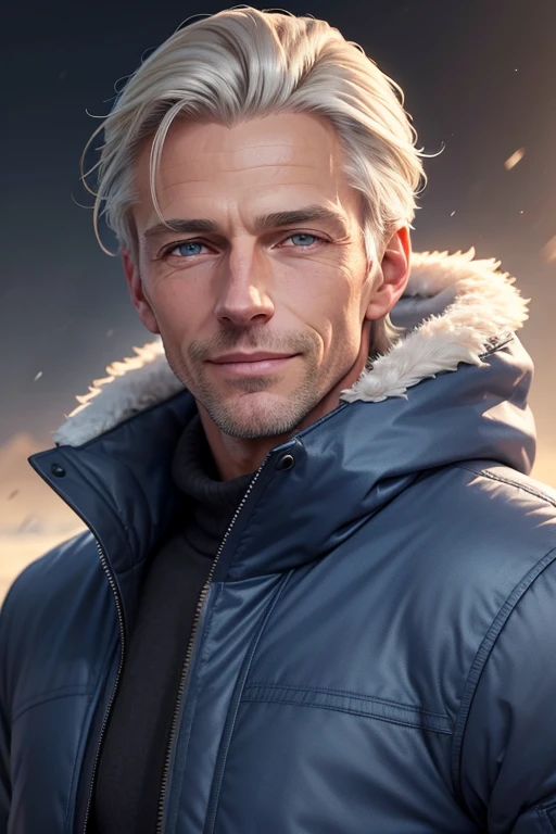 1man, a handsome german-dutch man, 54 year old, silver blonde hair color, blue eyes, smile, muscular, wearing winter jacket, closer distance face, closer distance head, his distance pressing against me, hd, high quality, best quality, masterpiece, 4k resolution