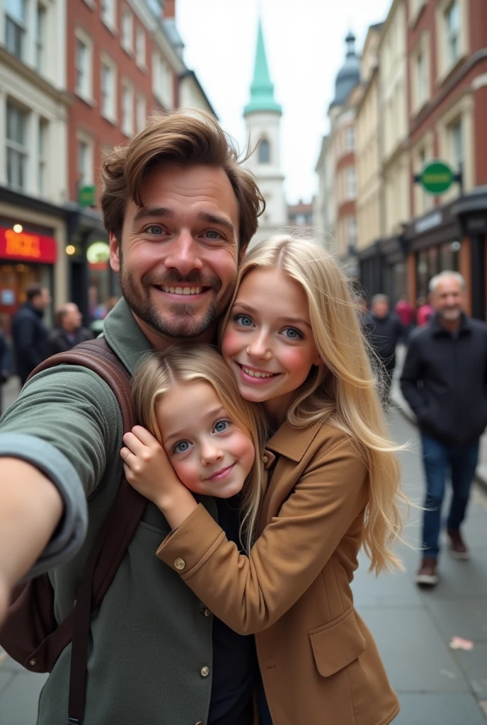 Blonde  , blue eyes very long hair hugging her father, brown hair and eyes and her mother blonde green eyes long hair taking a selfie on the streets of London 8k ultra realistic 