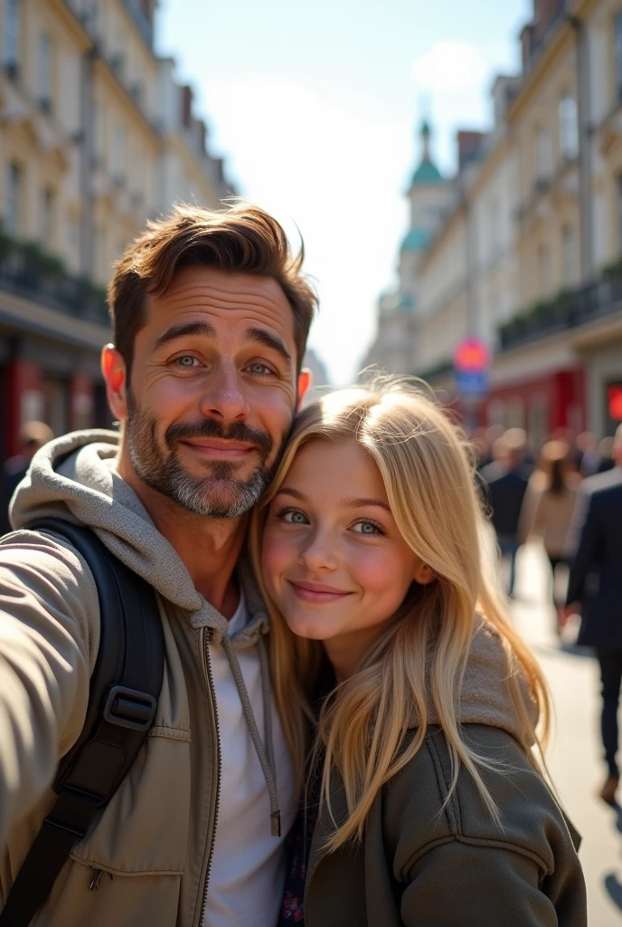 Blonde child , blue eyes very long hair hugging her father, brown hair and eyes and her mother blonde green eyes long hair taking a selfie on the streets of London 8k ultra realistic 