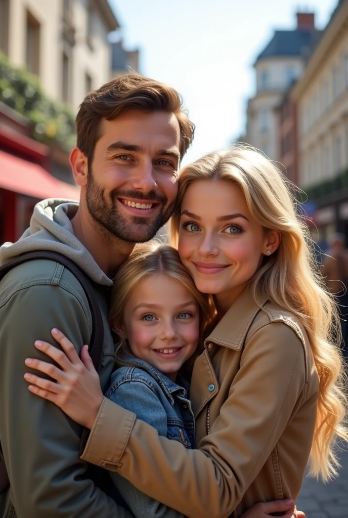 Blonde child , blue eyes very long hair hugging her father, brown hair and eyes and her mother blonde green eyes long hair taking a selfie on the streets of London 8k ultra realistic 
