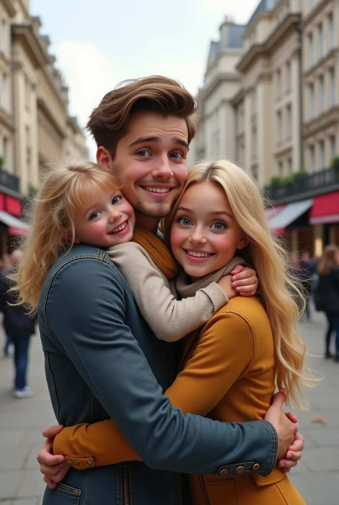 Blonde child , blue eyes very long hair hugging her father, brown hair and eyes and her mother blonde green eyes long hair taking a selfie on the streets of London 8k ultra realistic