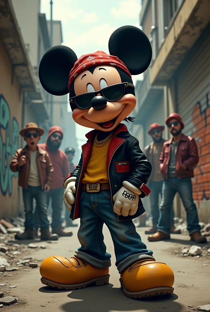Mickey Mouse dressed as a cholo with sunglasses and a bandana with a cigarette in the neighborhood and his gang