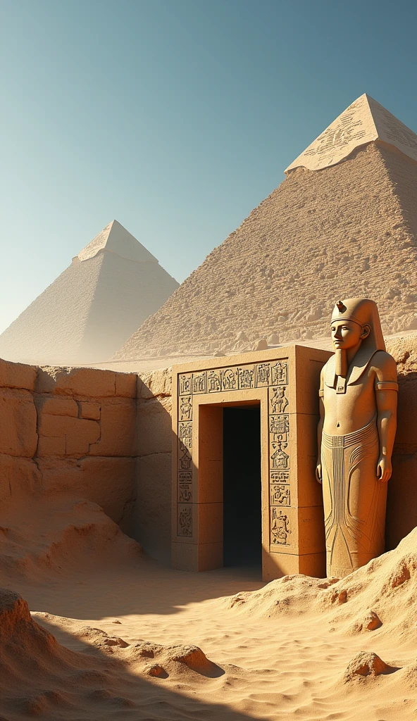 Claro! Aqui está um prompt detalhado que você pode usa
"Create a highly detailed scene depicting the Pyramids of Egypt under a clear blue sky, surrounded by vast sandy desert dunes. In the foreground, there is a partially buried tomb entrance. The entrance is adorned with ancient Egyptian hieroglyphics carved into the stone walls, leading into a shadowy, mysterious interior. A large stone door is slightly ajar, revealing the dark inside. To the side of the entrance, a statue of a Pharaoh stands, carved from stone, wearing a traditional headdress, adding a sense of ancient majesty and mystery to the scene. The overall mood should evoke the grandeur and timelessness of ancient Egypt."