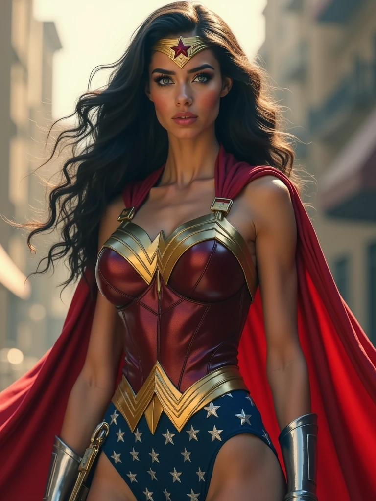 A MUSCULAR TEEN FEMALE, WITH LONG BLACK HAIR, BLUE EYES, WITH A SEXY BODY, WEARING A 1960 LYNDA CARTER WONDER WOMAN COSTUME AND RED CAPE. ABSURD 8K RESOLUTION, INCREDIBLY DETAILED SKIN AND EYES,