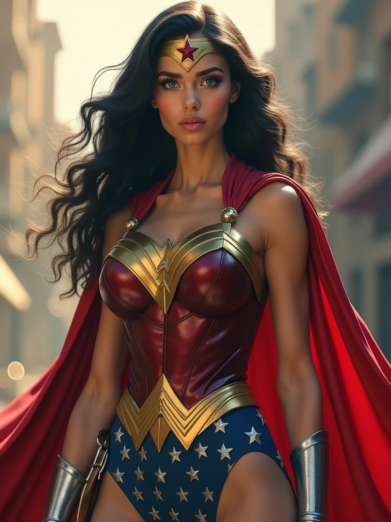 A MUSCULAR TEEN FEMALE, WITH LONG BLACK HAIR, BLUE EYES, WITH A SEXY BODY, WEARING A 1960 LYNDA CARTER WONDER WOMAN COSTUME AND RED CAPE. ABSURD 8K RESOLUTION, INCREDIBLY DETAILED SKIN AND EYES,