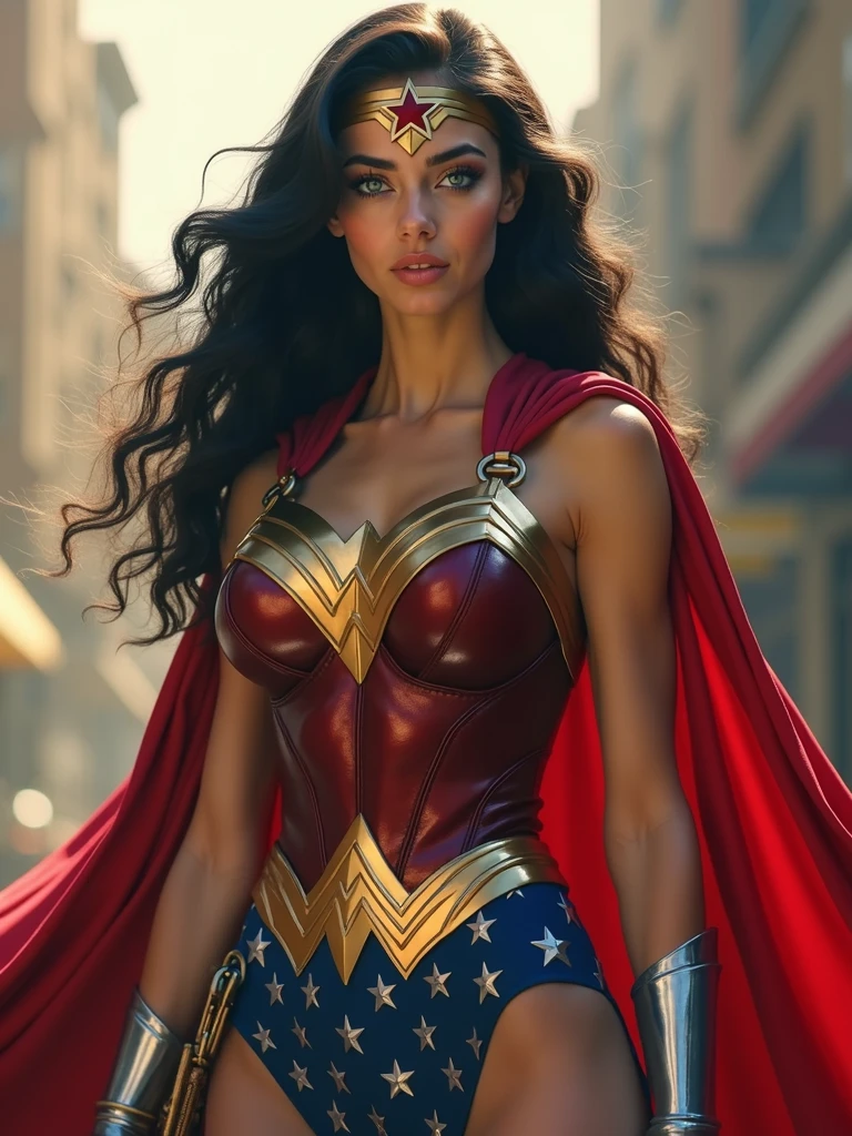 A MUSCULAR TEEN FEMALE, WITH LONG BLACK HAIR, BLUE EYES, WITH A SEXY BODY, WEARING A 1960 LYNDA CARTER WONDER WOMAN COSTUME AND RED CAPE. ABSURD 8K RESOLUTION, INCREDIBLY DETAILED SKIN AND EYES,