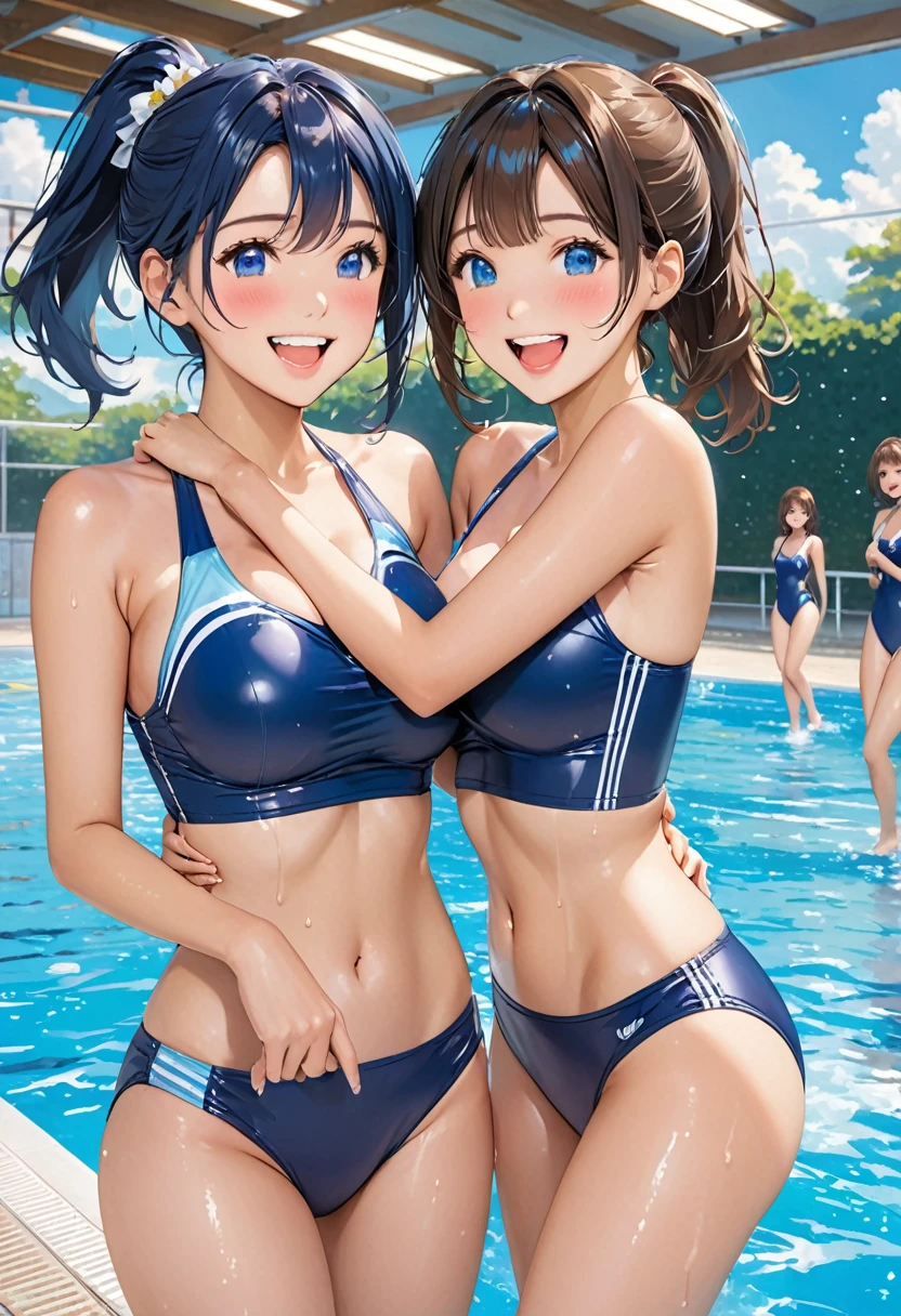 Highest quality、High resolution、Detailed Background、Beautiful face in every detail、Detailed facial expressions、Detailed eyes、Teenage beauty、ponytail、Bobcut、A wet and shiny navy blue school swimsuit、Huge breasts、Perfect body line、
(Three beautiful girls in school swimsuits having fun in the school pool:1.5)、
A big smile、Laughing with your mouth open、My whole body is wet、My hair is wet too、A fun atmosphere、Embrace each other、cute仕草、Accentuate your breasts、cute