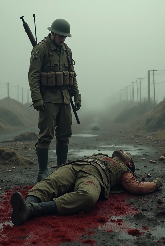 Two soldiers, one fallen and the other standing 