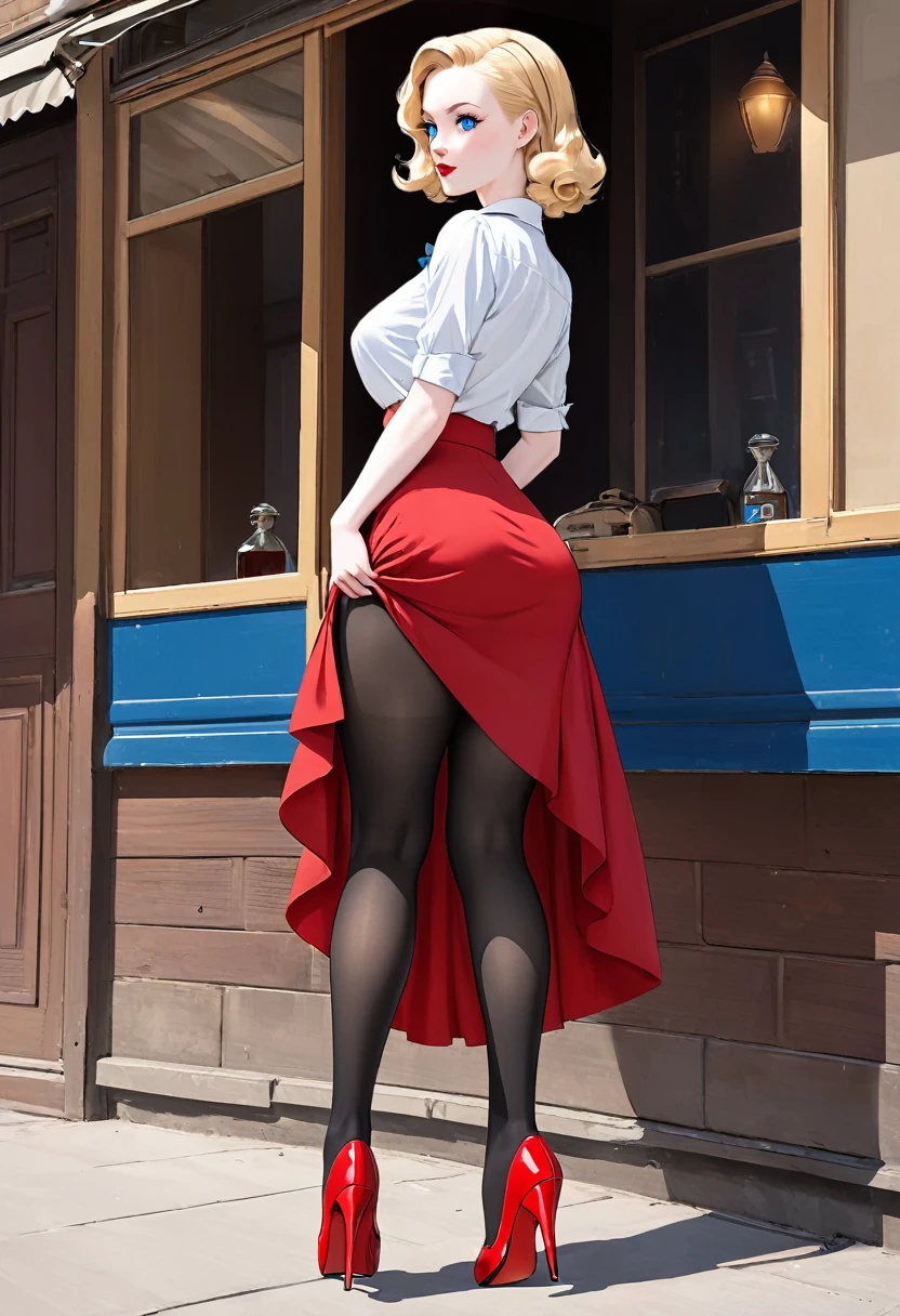 Blonde,pale skin, 1940s hairstyle,blue eyes,black pantyhose ,thick legs,Big ass, red high heels, long red skirt 