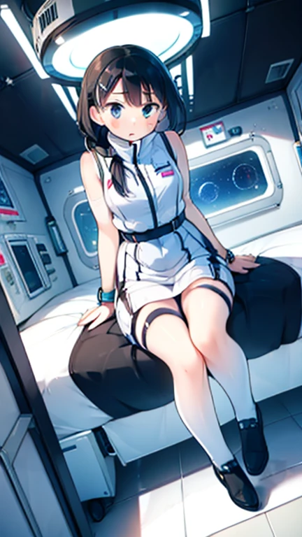 (Highest quality), (masterpiece), 1080P, High resolution, 4K, 8k, Inside the space station、Futuristic room、Thigh straps, Shooting from directly below, The woman on top of me, Nipples, 白いSweat, Covered , Sweat, Woman looking down, Skirt swimsuit, Thigh-high socks, To achieve this, 16 years old, , whole body, Black leather shoes, Braided hair, Inner Color, Embarrassed face, Short black hair, bracelet, Bedroom,celestial body_Vest
