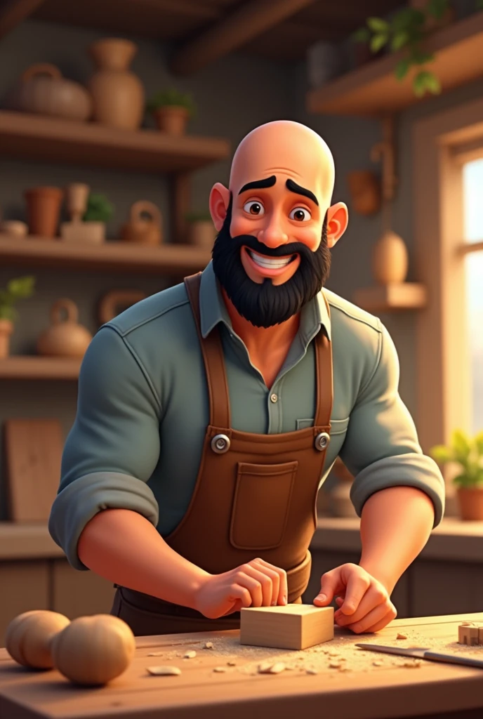 handsome animated bald man, Happy man with black beard making crafts with wood