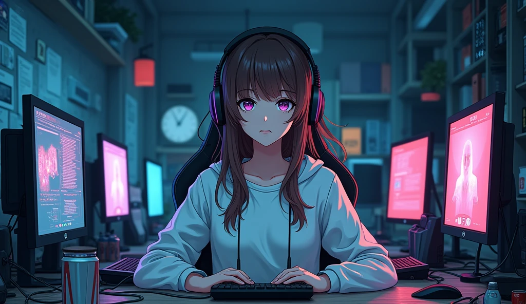 ((Masterpiece)), (((Best Quality)))), ((Illustration)), (Depth of Field: 1.2),Serious and mysterious Komi San themed anime gamer girl,Hacker Beautiful medium skin colored Girl, Indoors, Room, Dim Room,futuristic, Computer Room, not so cute with headphones and brown hair, with a microphone, Computer Equipment, Ethical Hacker, Server Room Background, monitors, (LED monitors, surrounded by multiple display monitors: 1.5), gaming chair, hair highlights, , light cyber clothes, energy drinks, cables, messy room, front, bottom, talking at camera, staring directly into the camara, She is front facing to the camera,center of room, facing the camera