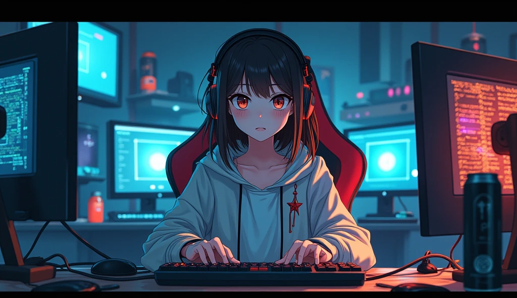 ((Masterpiece)), (((Best Quality)))), ((Illustration)), (Depth of Field: 1.2),Serious and mysterious Komi San themed anime gamer girl,Hacker Beautiful medium skin colored Girl, Indoors, Room, Dim Room,futuristic, Computer Room, not so cute with headphones and brown hair, with a microphone, Computer Equipment, Ethical Hacker, Server Room Background, monitors, (LED monitors, surrounded by multiple display monitors: 1.5), gaming chair, hair highlights, , light cyber clothes, energy drinks, cables, messy room, front, bottom, talking at camera, staring directly into the camara, She is front facing to the camera,center of room, facing the camera