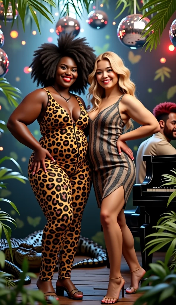 (photorealism:1.2) create the visual of two women, not sexy, one is a fat woman mixed race with an afro, she is fat, she is wearing a leopard print jumpsuit she is smiling and looking at the camera next to her there is a blonde woman she is smiling she is looking at the camera she has white skin and she wears a snake print dress in the environment it's a jungle with disco balls and lights and a crocodile in the background there is a red-haired man playing the piano